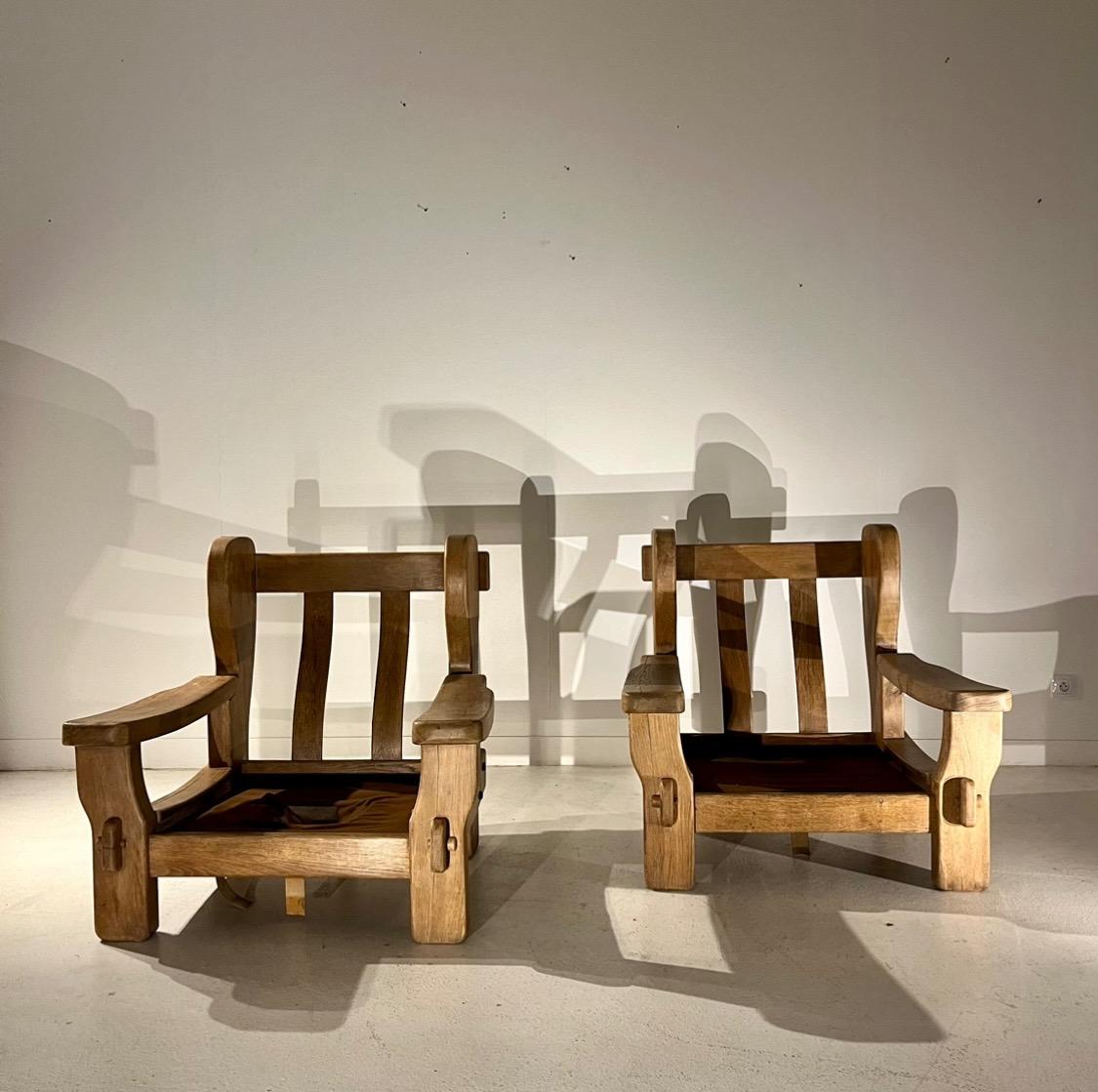 Pair of large 1960 oak armchairs 